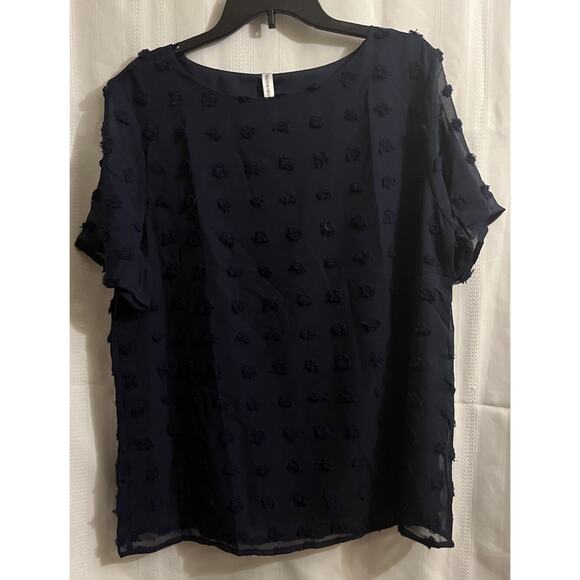Neineiwu Women's Size L Chiffon Blouse Round Neck Short Sleeve Pom Pom Dark Blue - Picture 1 of 8